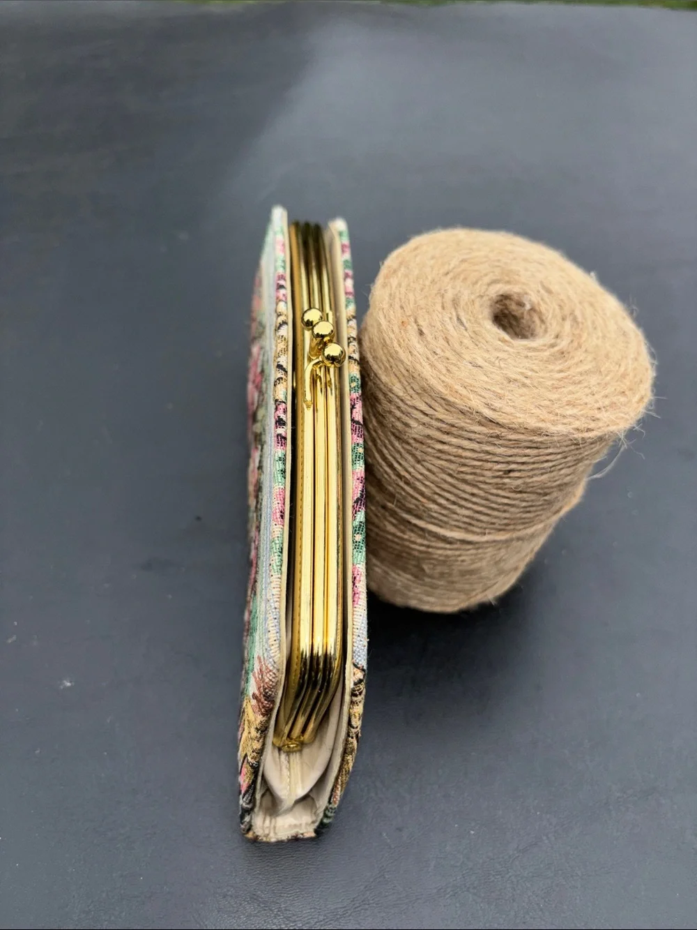 Vintage Tapestry Clutch wallet featuring a classic 18Th-Century Courting Scene